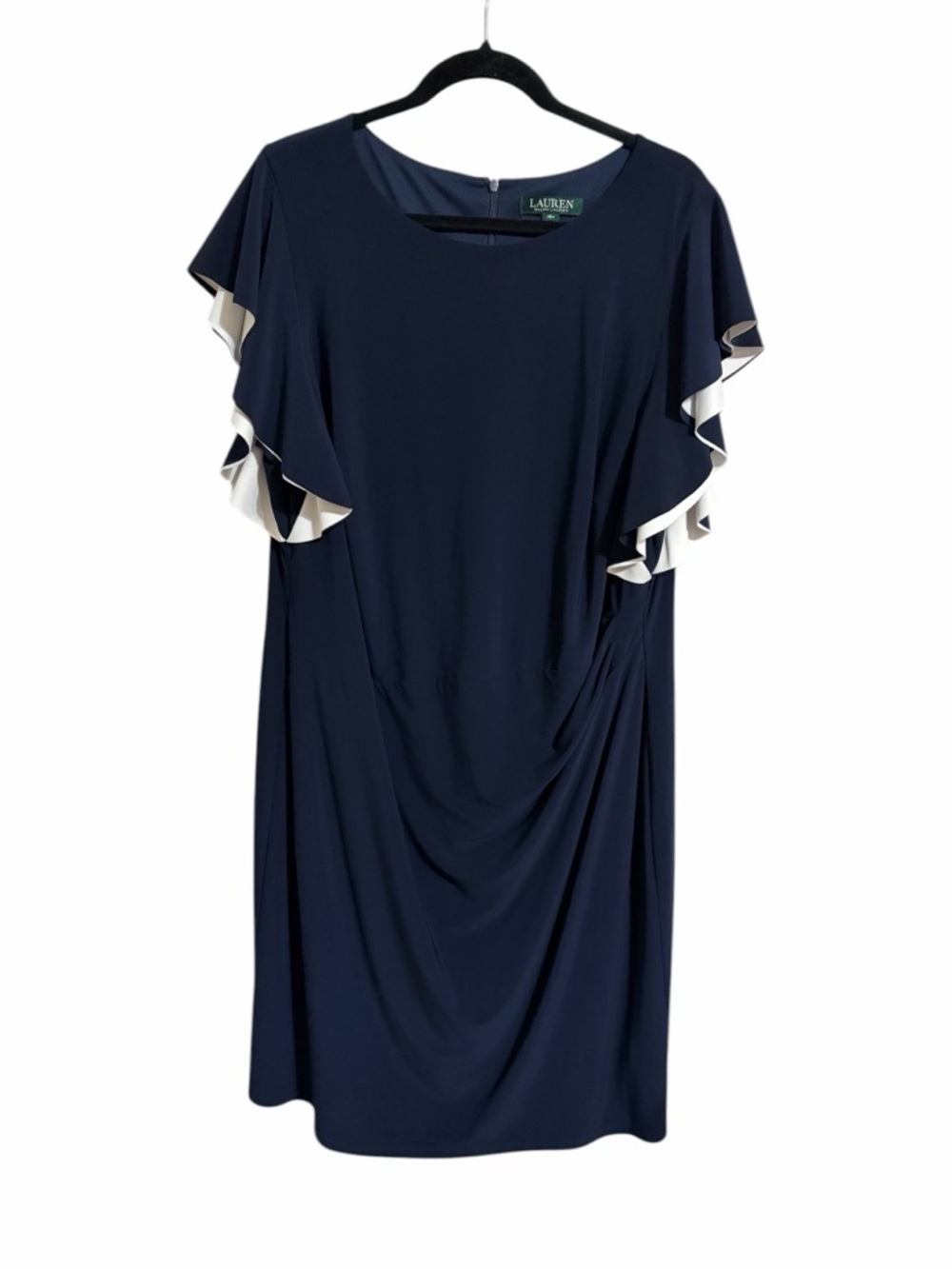 Lauren Ralph Lauren Navy Midi Dress Ivory Trimmed Ruffle Sleeves Minimalist 18W